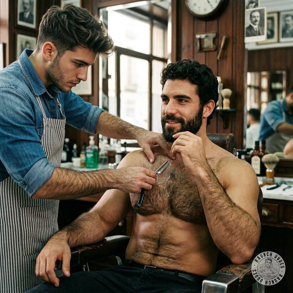 That smooth chest deserves the royal treatment 💈✨ Barber knows exactly how to tease every inch of that furry canvas....