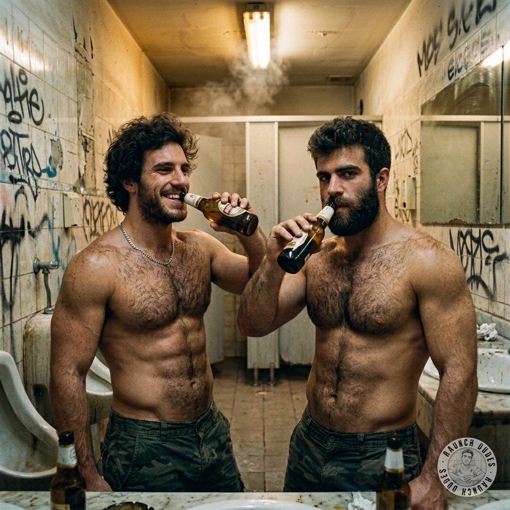 Two hairys rebels chugging beer in a public loo 🍻🚽 #hairy #toilet #street