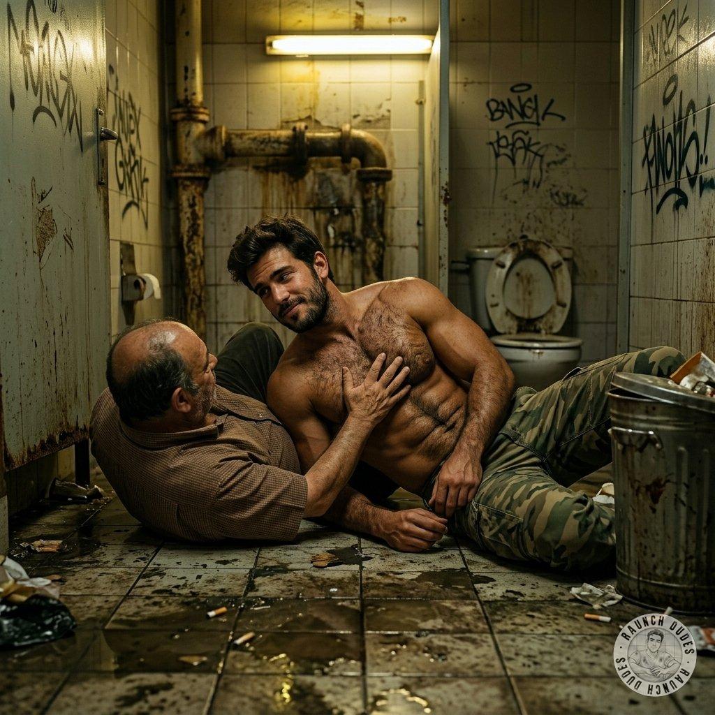 That grizzled old pervert’s hands on my hairy chest in this filthy bathroom? Fuck, I’m leaking already 😈💦 #gayscat #gaypiss...