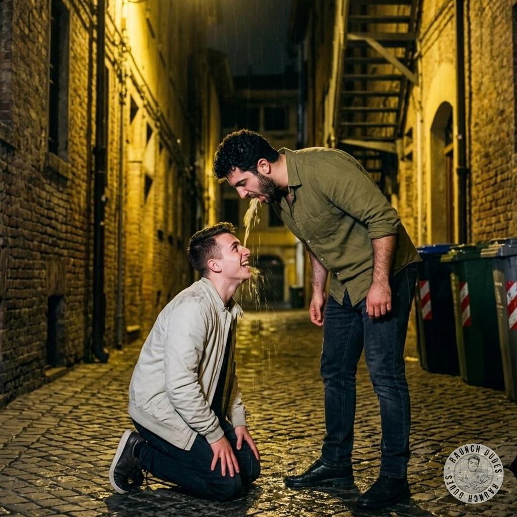 This hot guy gets off on letting his load drip down his throat in a dark alley 😈💦 #gaypuke #inpublic #humiliation #submission