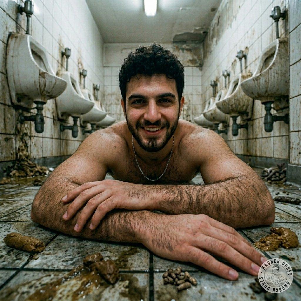 That filthy pig is loving every second of it, covered in piss and shit in the middle of a public bathroom 😈💦💩 #gayscat...