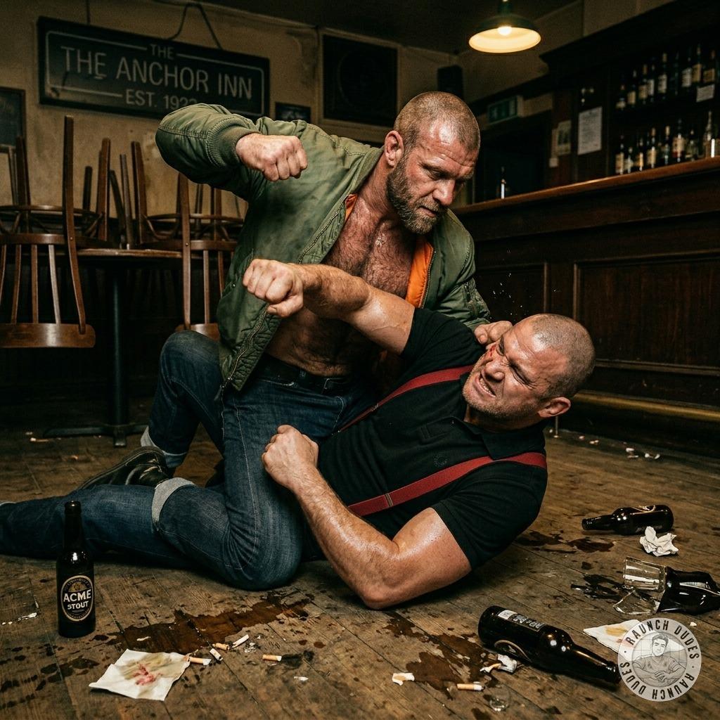 Two skinheads brawl on the bar floor, muscles flexing, sweat flying. Pure raw energy. 💪🔥 #skinheads #perverts #rough #street