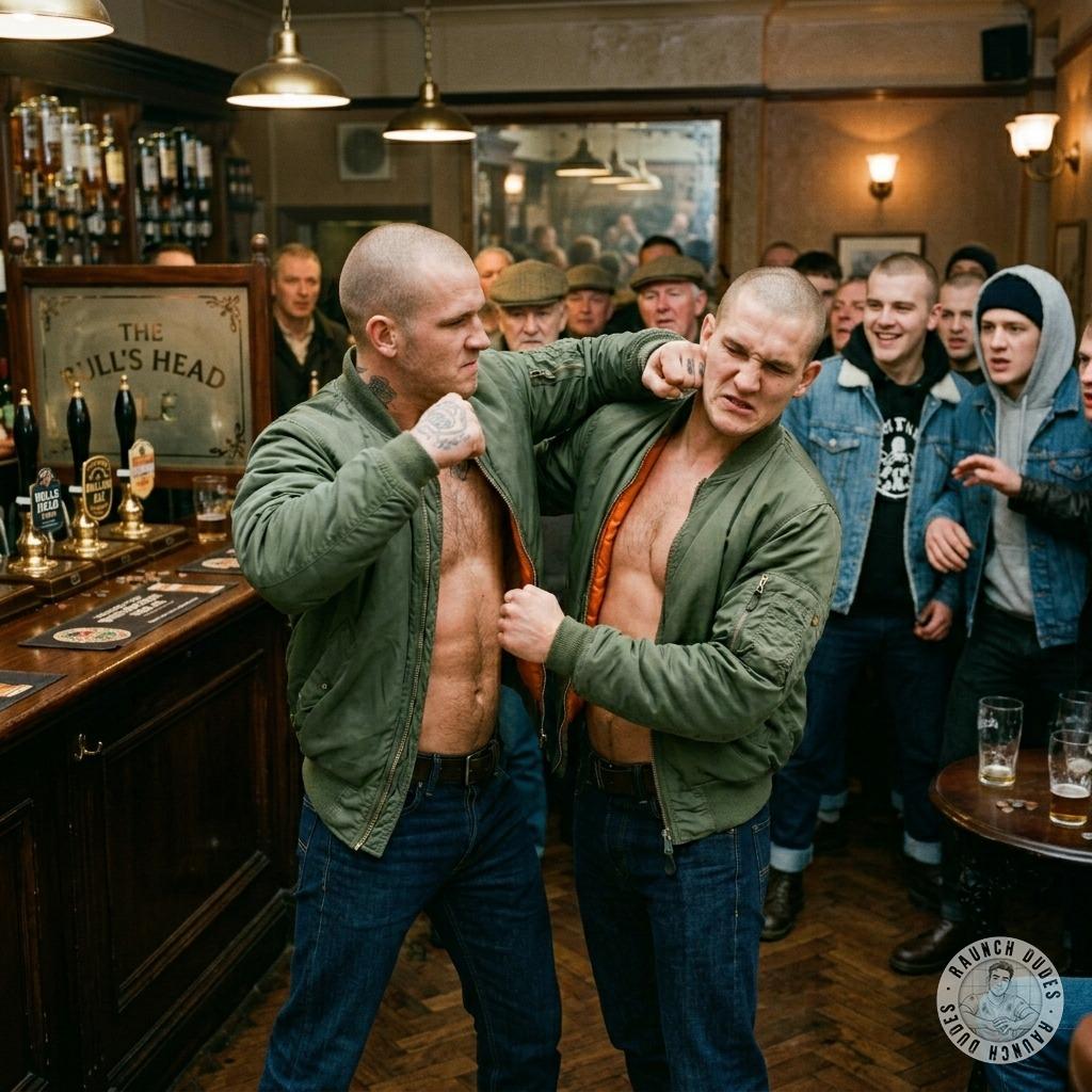 Skinheads brawling in a bar, sweat flying, fists flying—pure raw energy 💪🔥 Watching these alphas go at it is filthy hot....