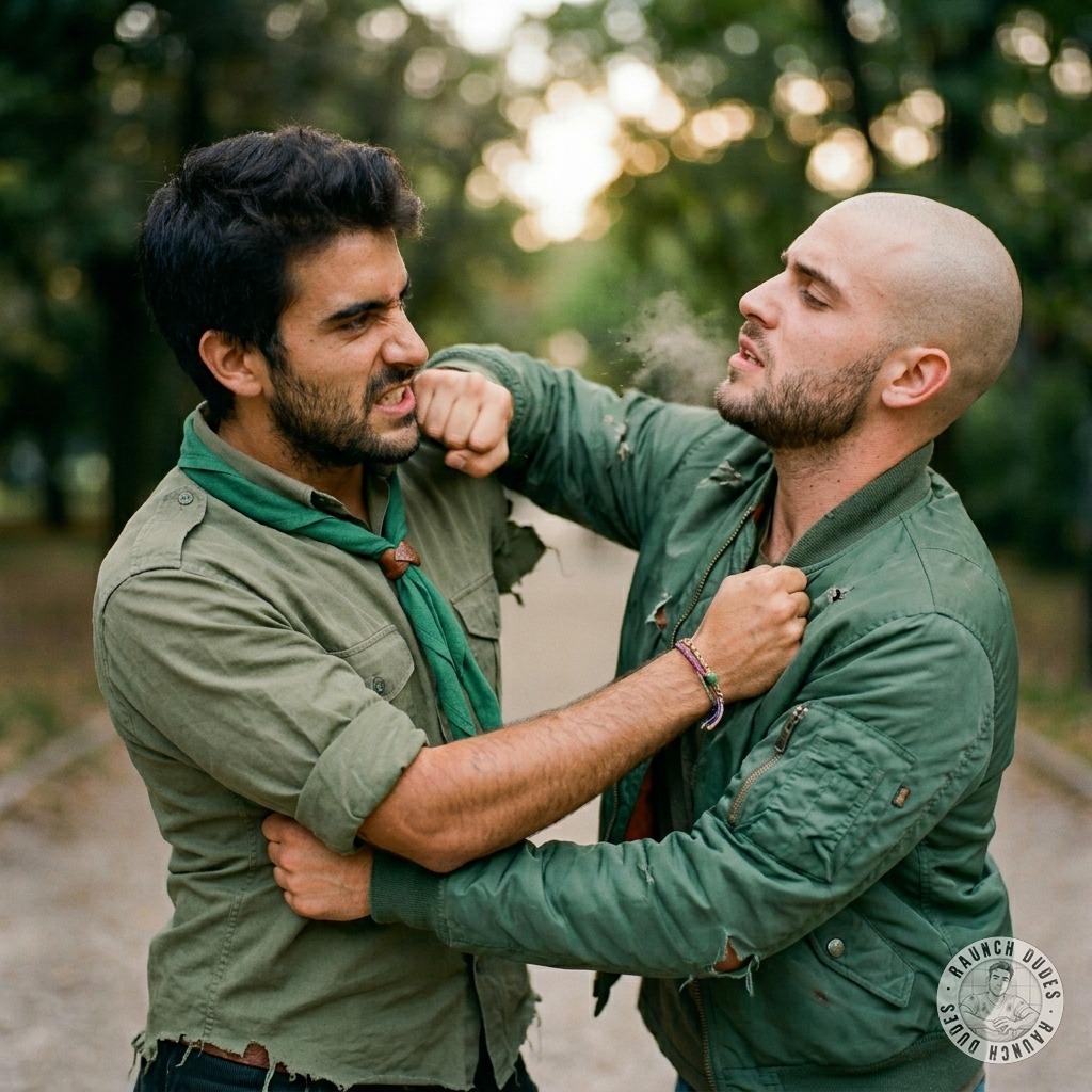 Boy fists flying, skinhead’s jaw cracked—raw power in every punch. 💪🔥 Who’s the real alpha here? #dirtyscouts #skinheads...
