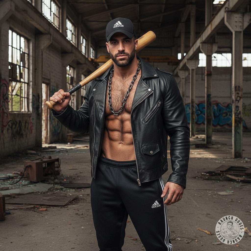 That Adidas-clad Spanish god just stepped out of a porno set 🔥 leather jacket open, muscles glistening, baseball bat in...