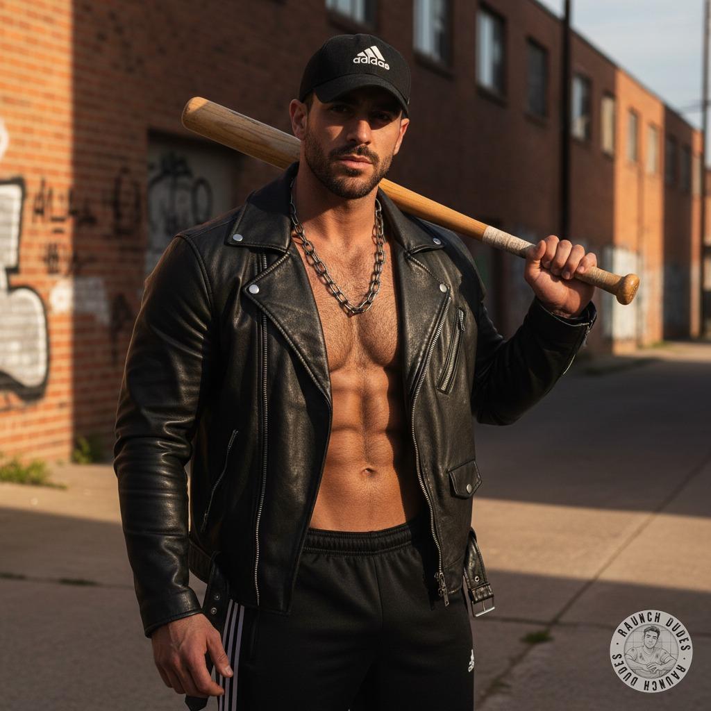 Hot Spaniard flexing in leather & Adidas, muscles glistening under factory lights 🔥 That thick iron chain, those sleeves...