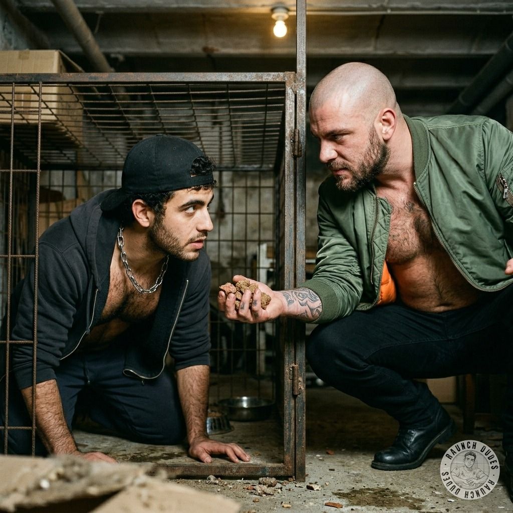 Cage door wide open and he crawls out on his own the second the skinhead holds out his hand. Palm full, bowl waiting behind...
