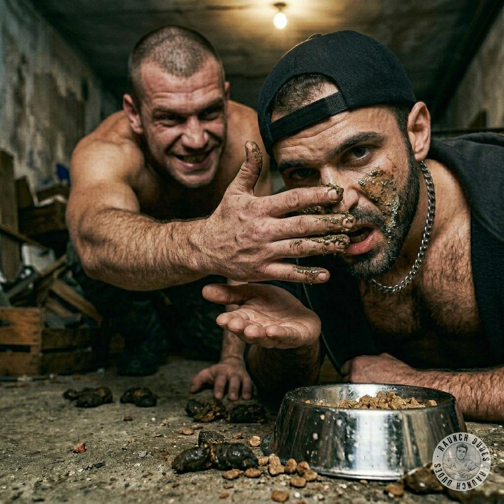 A hairy guy slurps shit from a bowl while a skinhead smears it all over his face. 💦🍆🔥 #gayscat #petplay #hairy