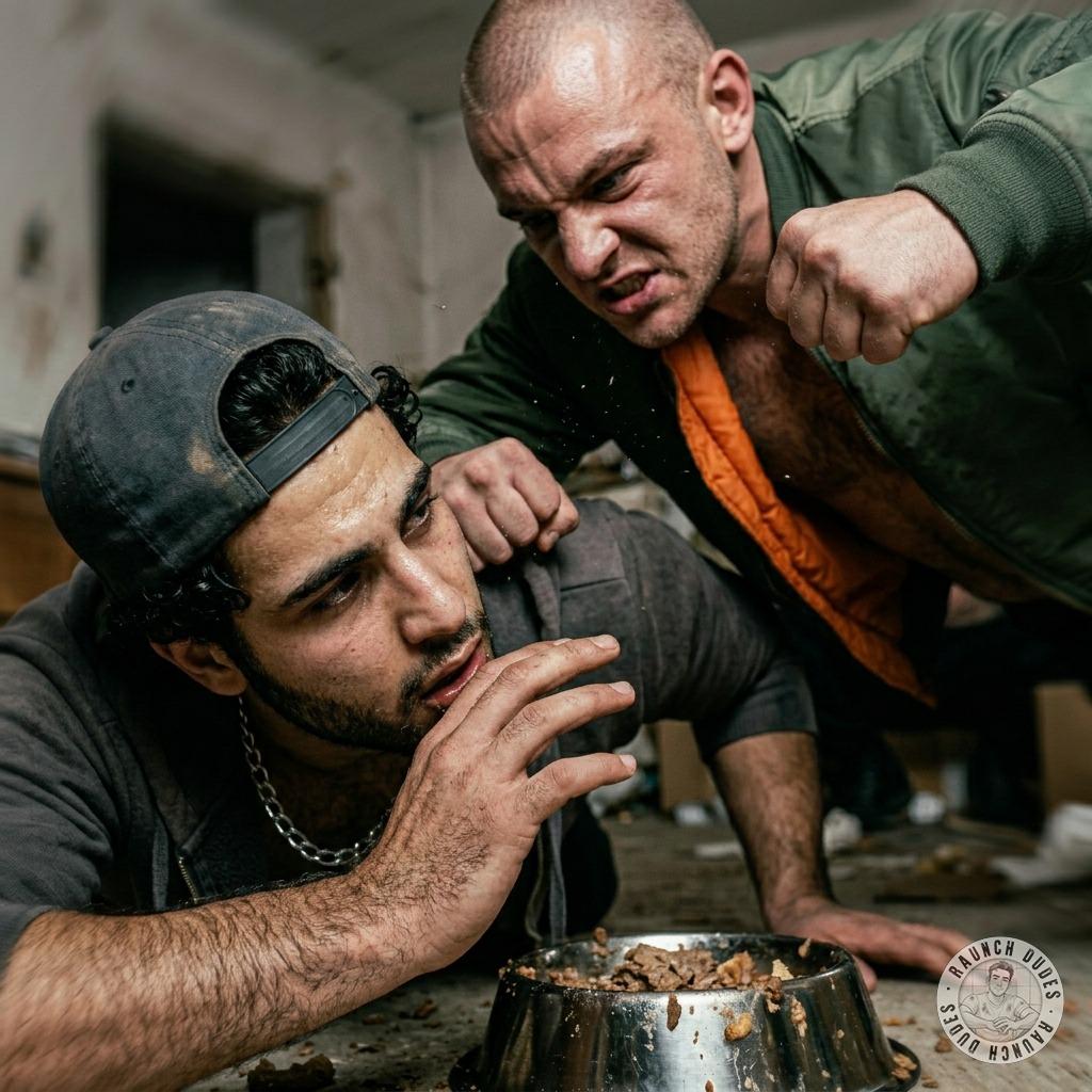 Skinhead sadist beats a twink’s face into a dog bowl full of shit, fucking his mouth with fists while he gags on the stinky...