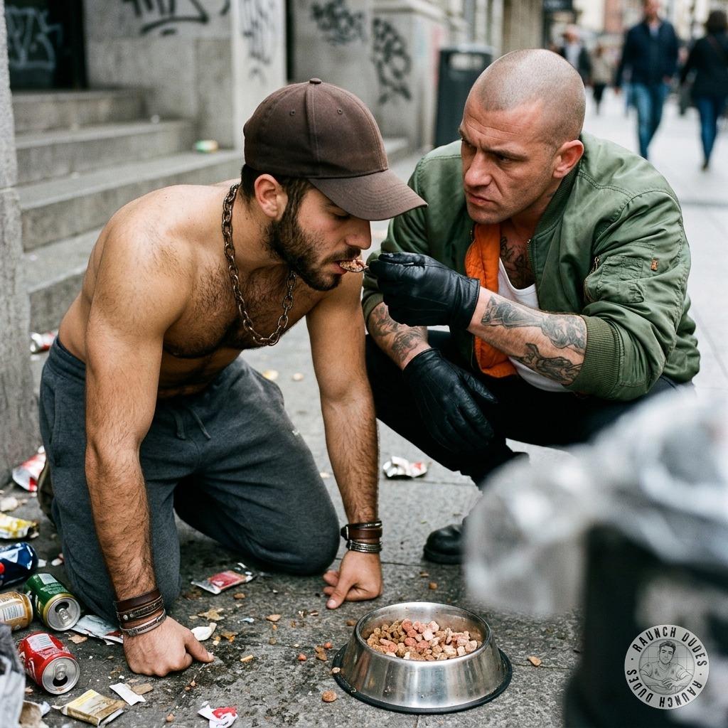 skinhead forces a guy to slurp from a bowl in the street like a hungry pup 🐶💦 get on your knees and eat like the filthy...