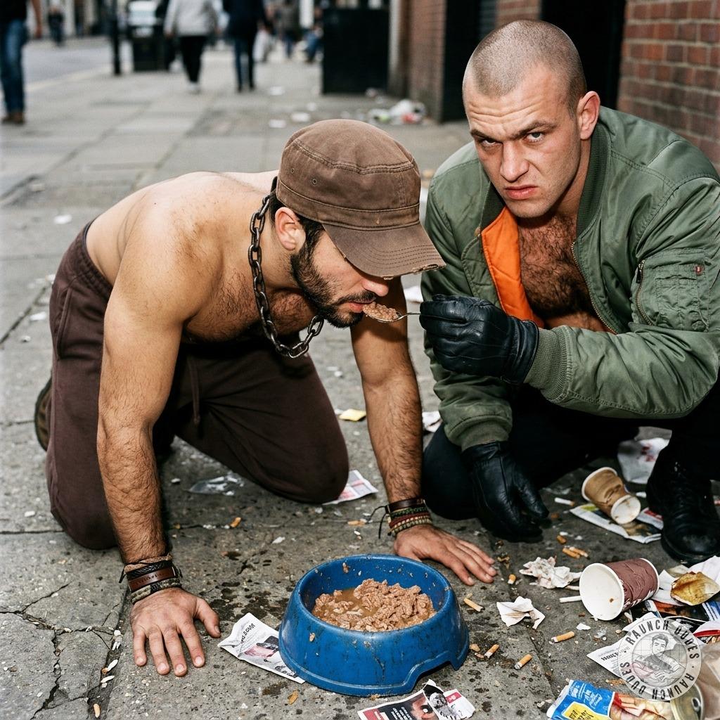 One skinhead pushes the bowl across the pavement with his boot and the dude dives in face first, hungry for it 🐶💦 that's...