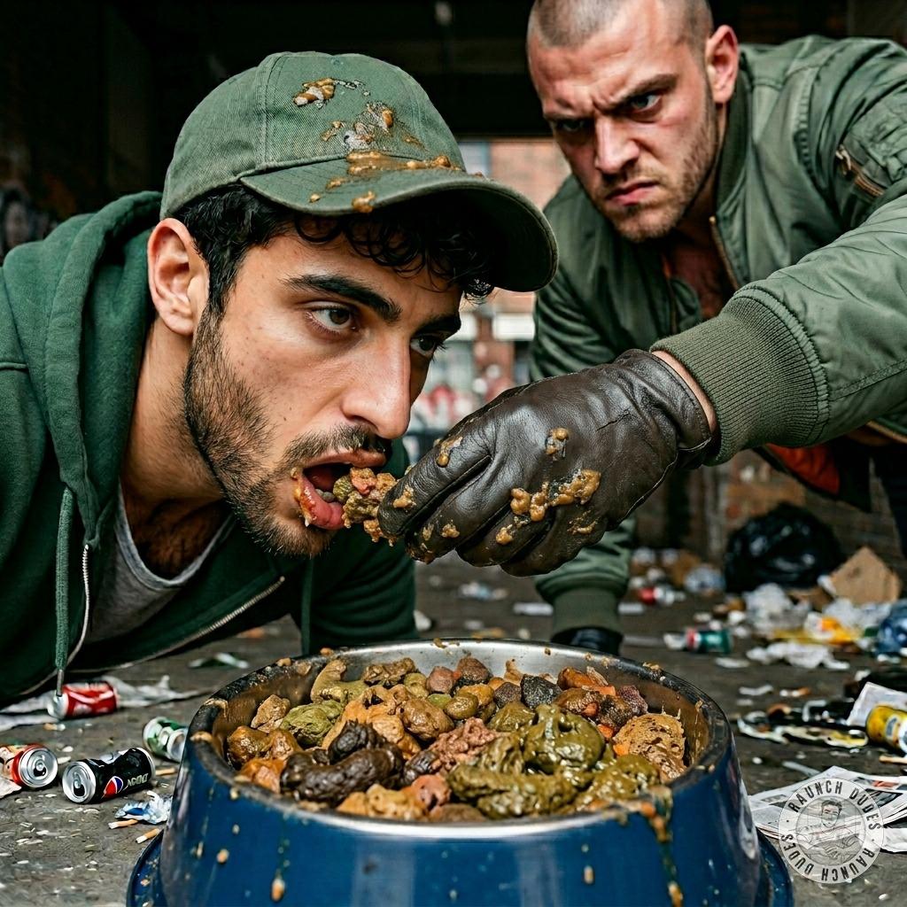 Skinhead forces a boy to eat his shit straight from the bowl on the sidewalk 😈💦 #gayscat #military #dirtykitchen #rough