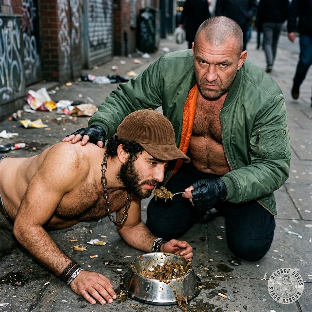 Skinhead forces a boy to eat from a street bowl, his face buried in shit while hungry eyes beg for mercy. His ass clenches...