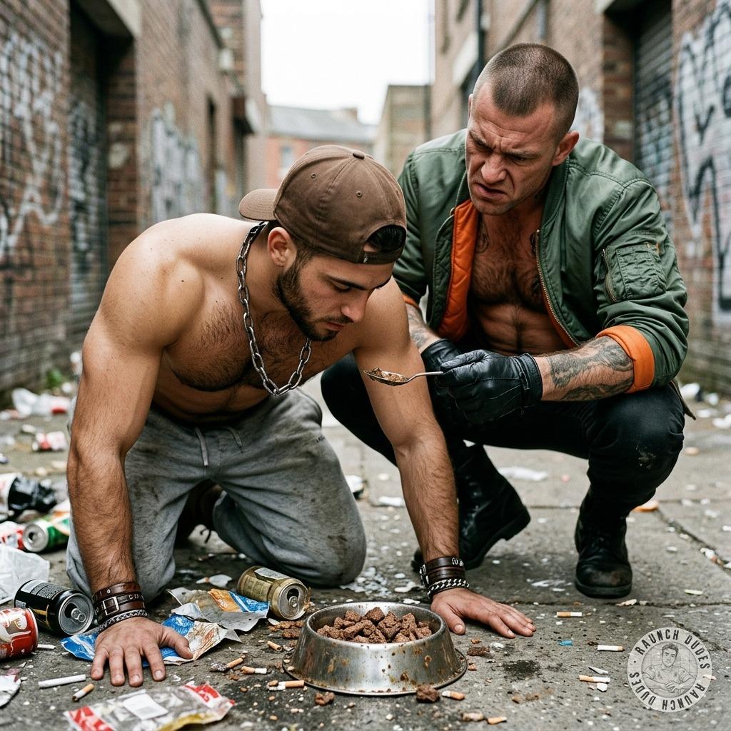 Skinhead force-feeds a twink his own shit from a bowl in a dark alley, making him gag and swallow every filthy bite. That’s...