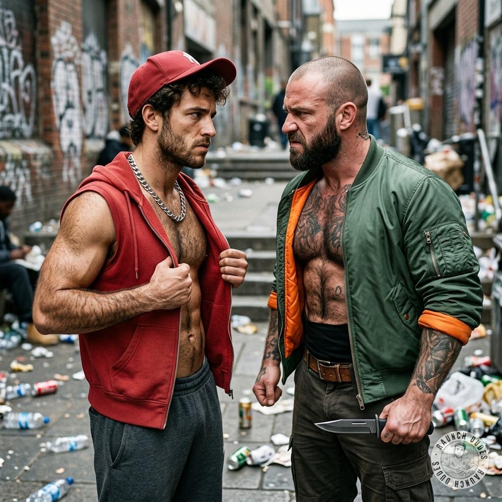 Bald daddy flexing his furry chest while the skinhead strokes his blade, begging to get that thick hairy torso sliced open...