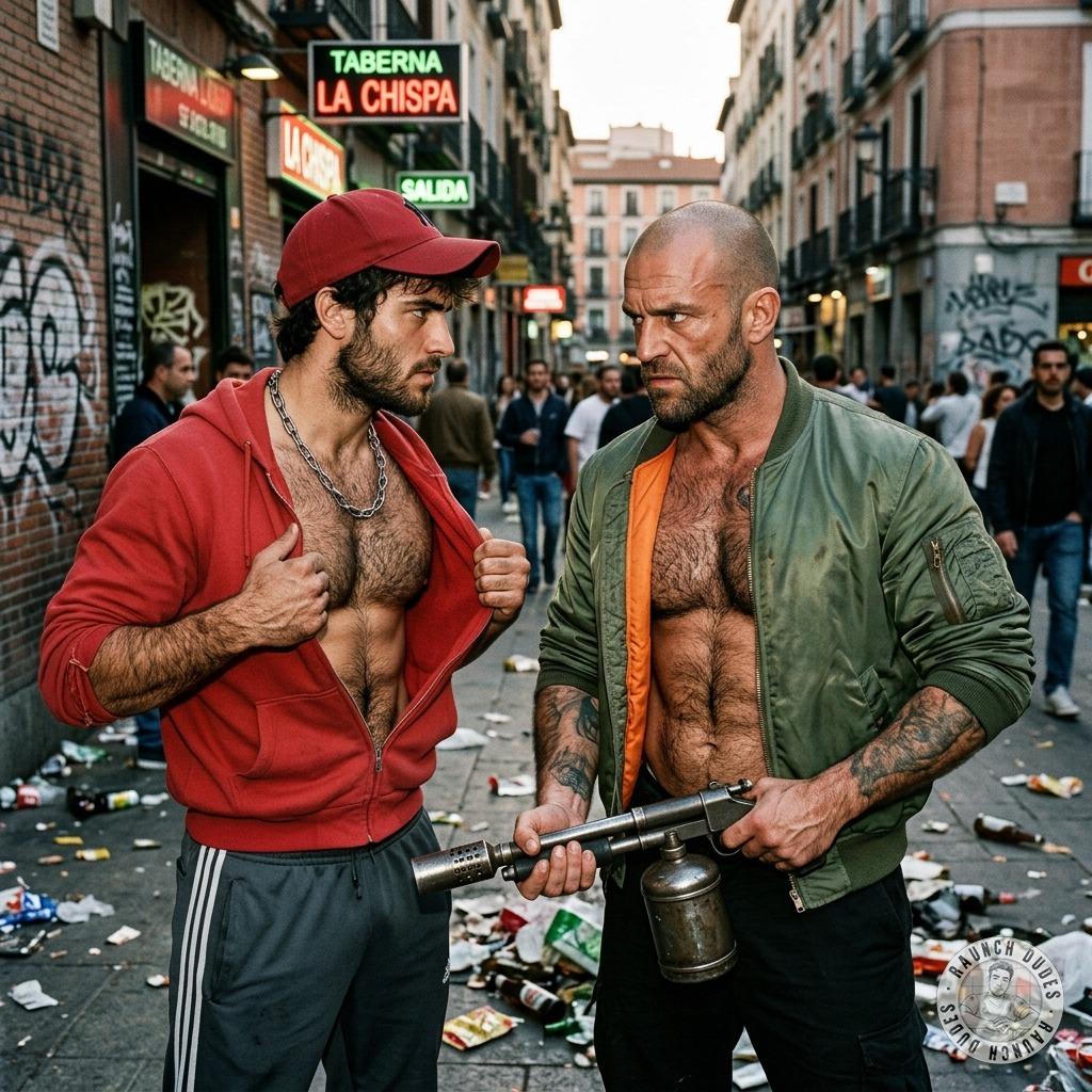 This hunky hairy-chested twink offers his furry pecs to a skinhead with a flamethrower—what a fucking turn-on 🔥💦 #skinheads...