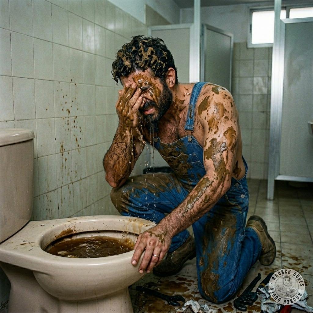 Dirty plumber slurping filthy toilet water, licking every drip of piss & shit clinging to his hairy body. Fucking delicious...