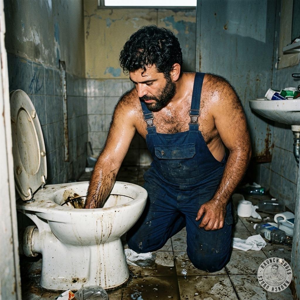 That hairy plumber just plunged his arm elbow-deep in that clogged shitter, scooping out thick, steaming turds like he’s...