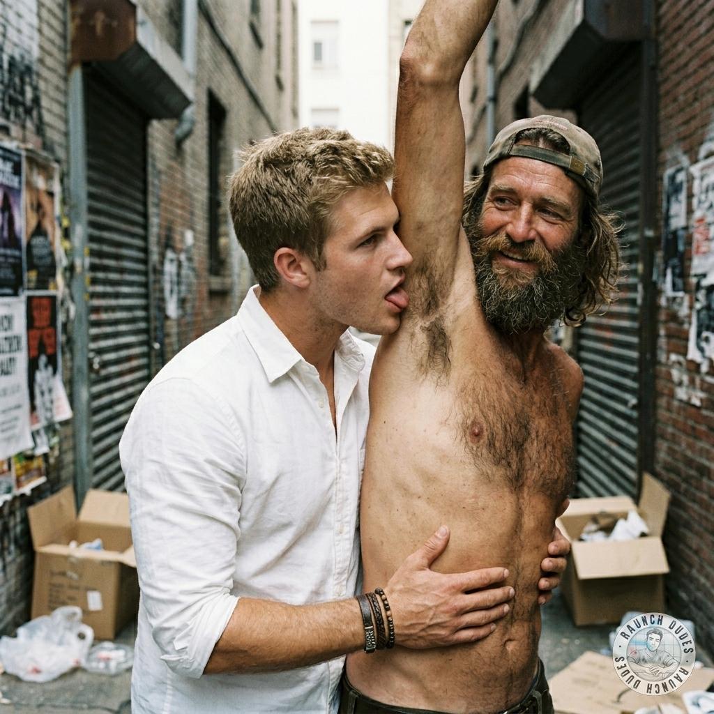 That filthy homeless dude’s armpit stinks so good I can’t resist licking it clean while he grins and fists my hair. #gayscat...