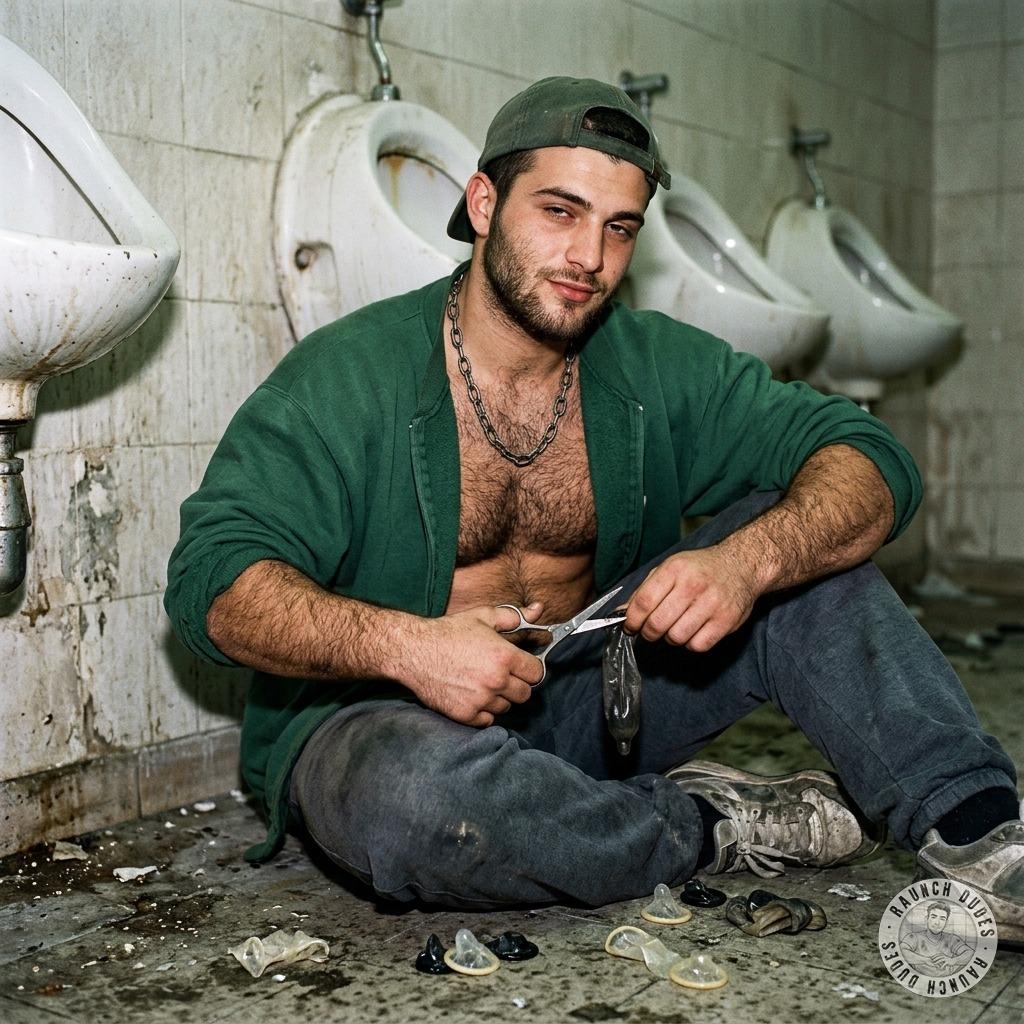 This sicko slashes condoms to feel that raw, dripping dick inside him #gaysex #workers #toilet #rough #hairy