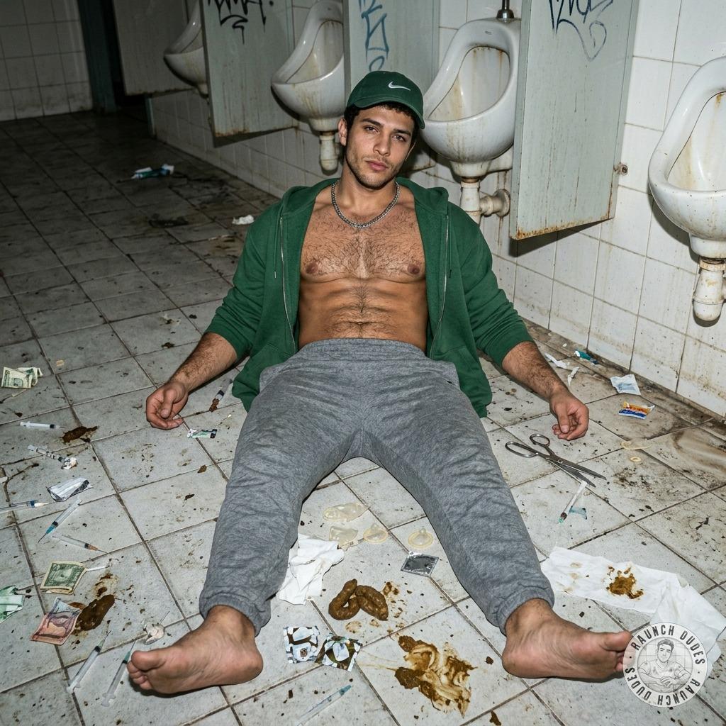 A filthy floor, a guy spread out, his tight hole dripping wet for me to fuck raw. No mercy, no lube—just pure, brutal...