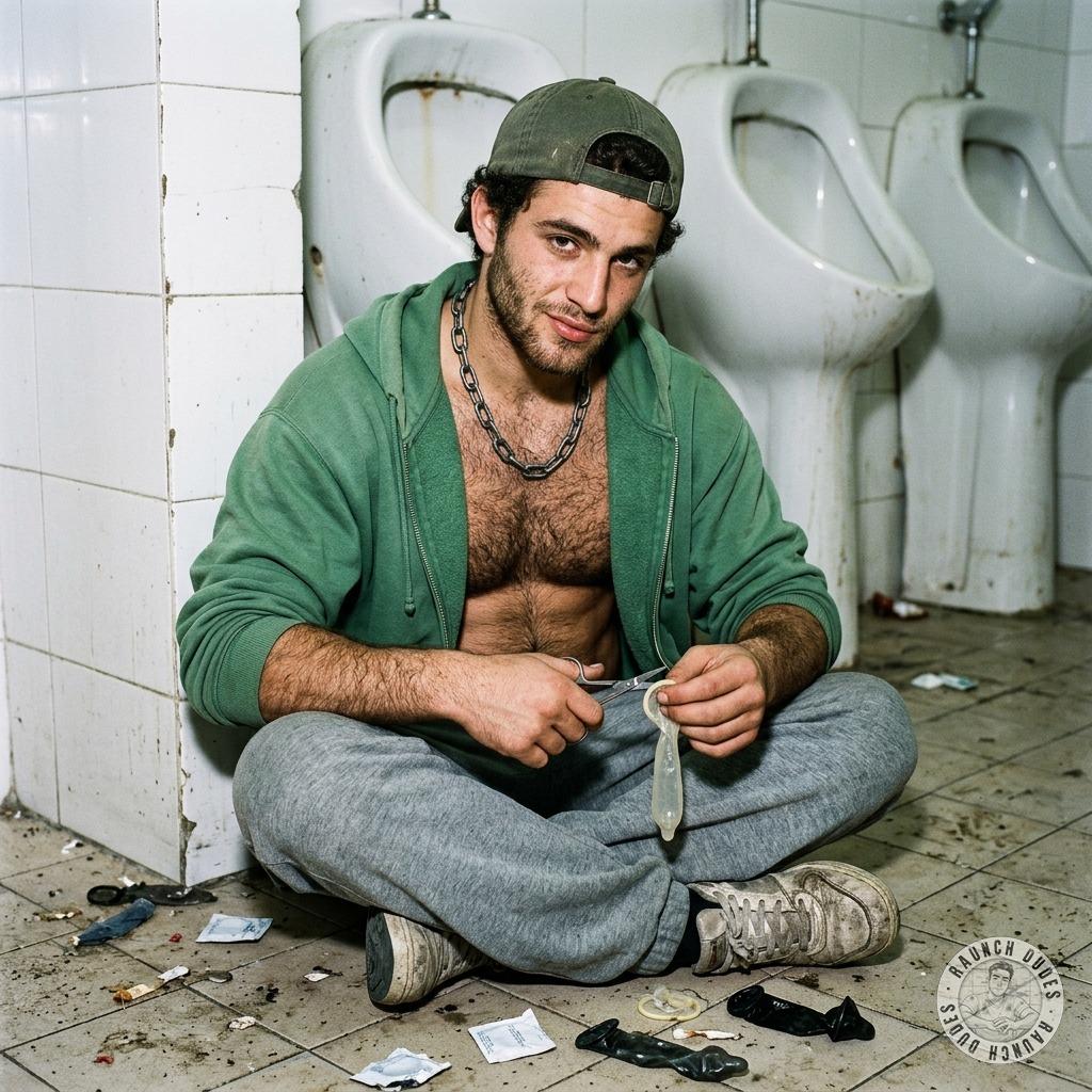 This filthy slut cuts condoms just to get fucked bareback, craving that raw, dripping load inside. #homeless #toilet...