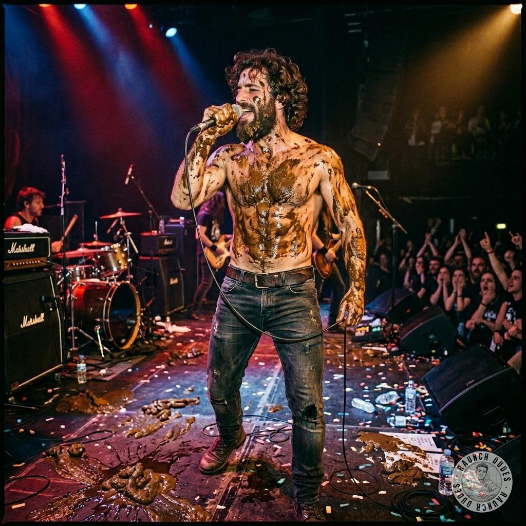 Fuck yeah, rockstar covered in warm, creamy shit, grinding his ass on stage while the crowd loses their minds 🎤💩🔥 #gayscat...