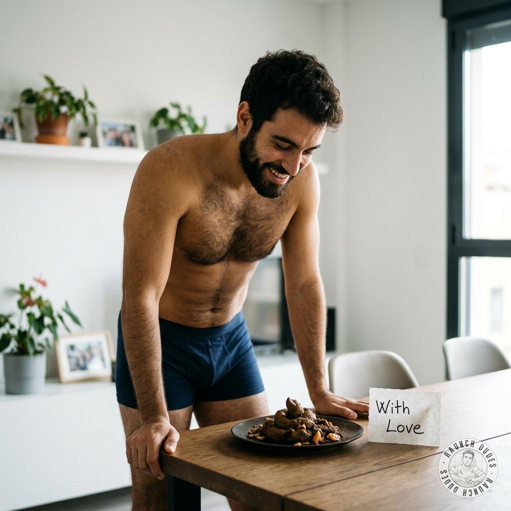 This is love! His boy left fresh shit in a plate for breakfast 💩😈 #gayscat #dirtykitchen #bear #hairy