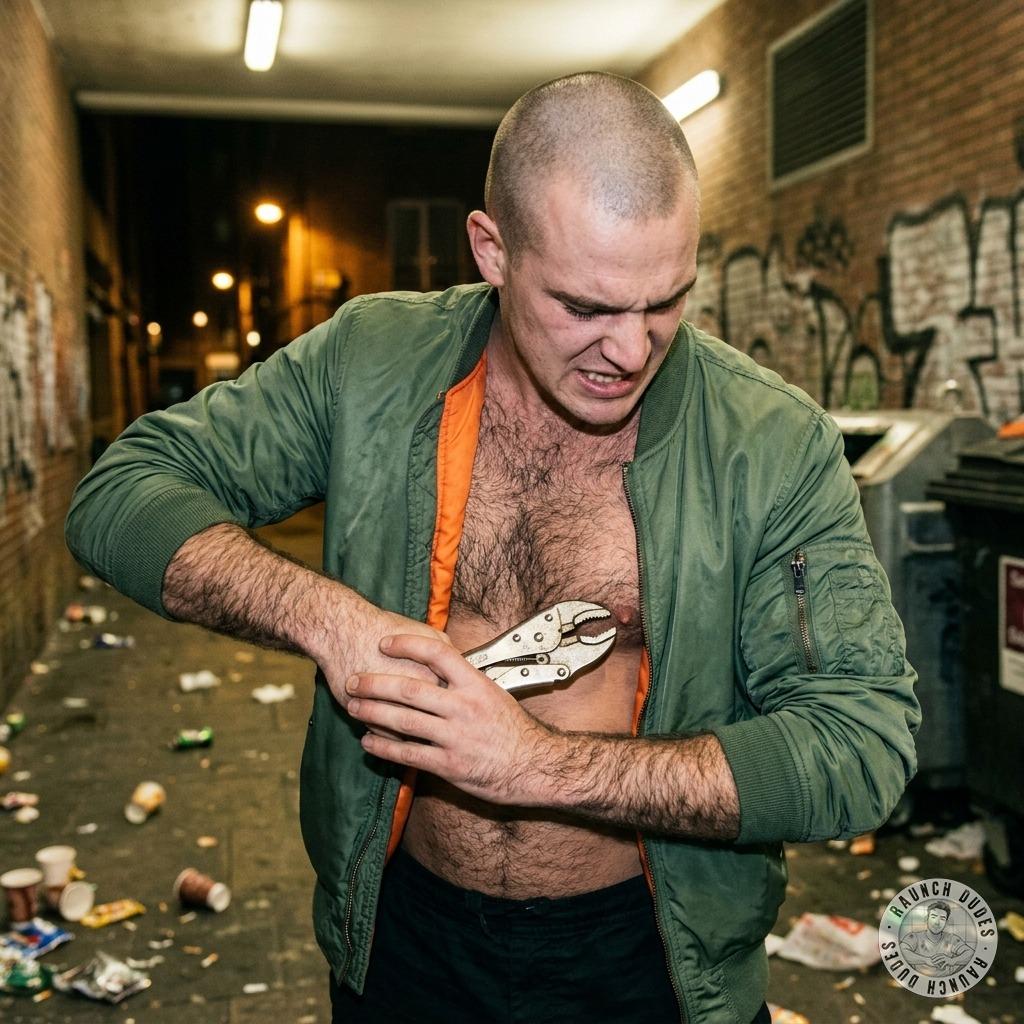 Skinhead squeezes his nipples with a clamp until he’s screaming in pleasure. That’s the kind of pain that makes a real man...