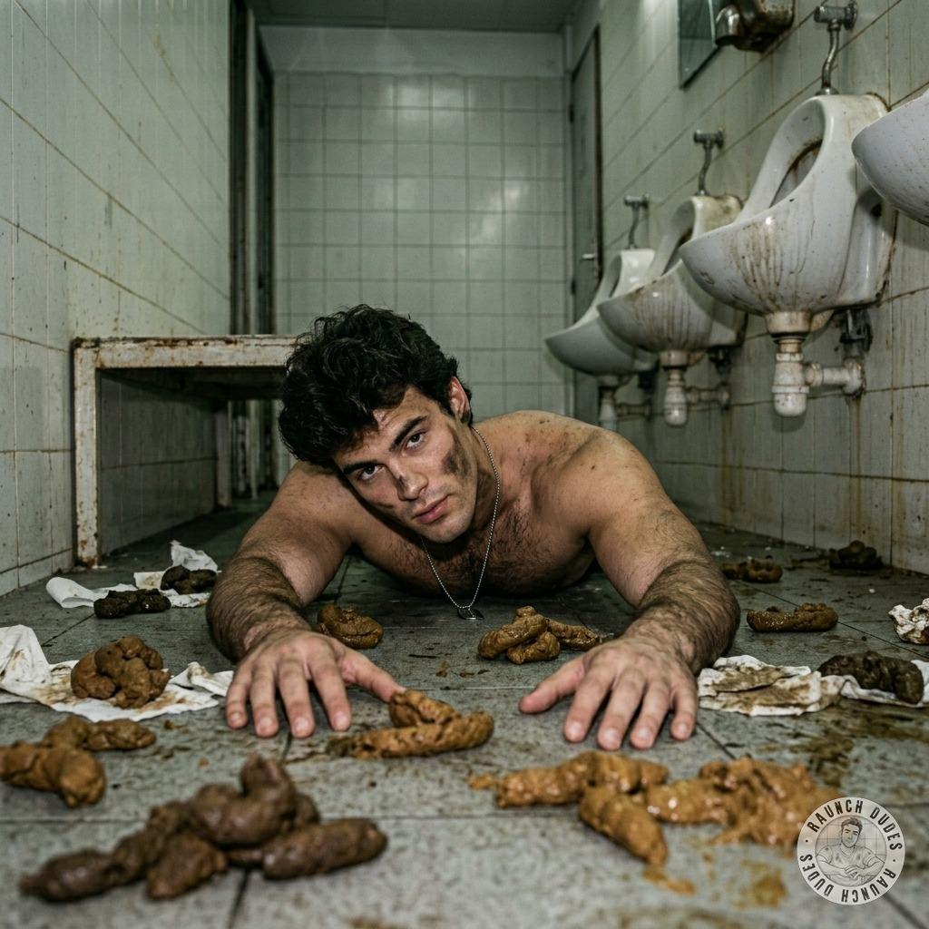 A guy spread eagle in a filthy public toilet, covered in warm shit, gagging on the stench while getting fucked raw. His ass...