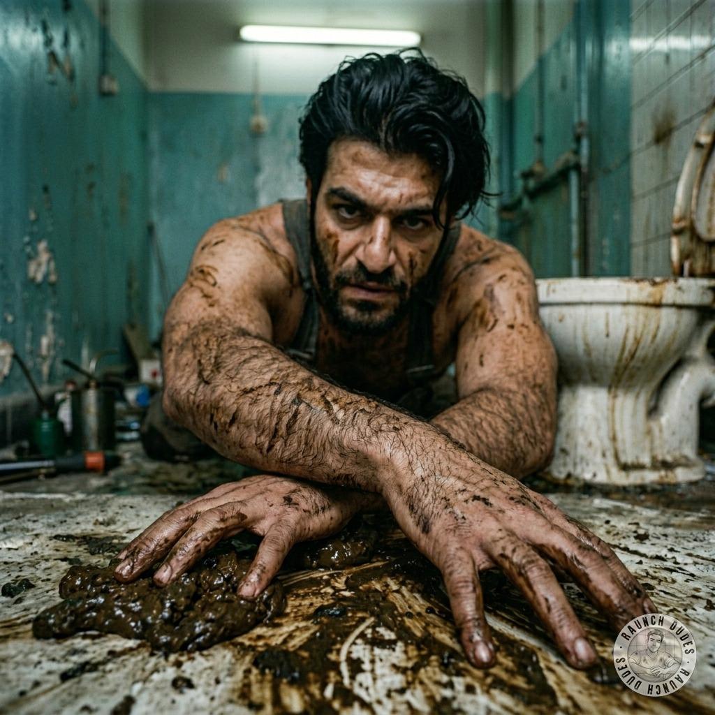 Dirty mechanic slathers his ass in shit, grunting as he smears it all over his rough hands and face. The stench is...