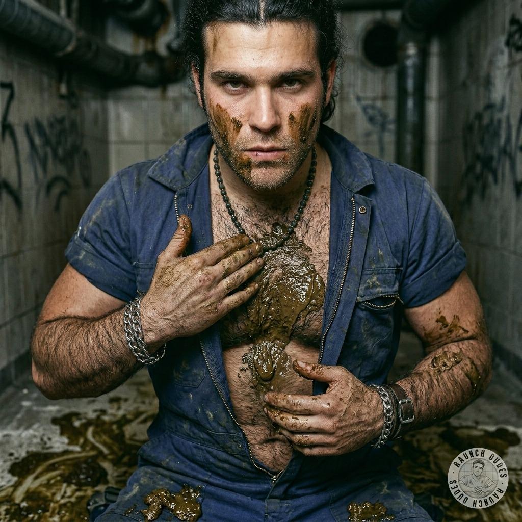 That filthy mechanic smears shit all over his hairy chest, rubbing it in like a fucking pervert. His stinky asshole leaks...