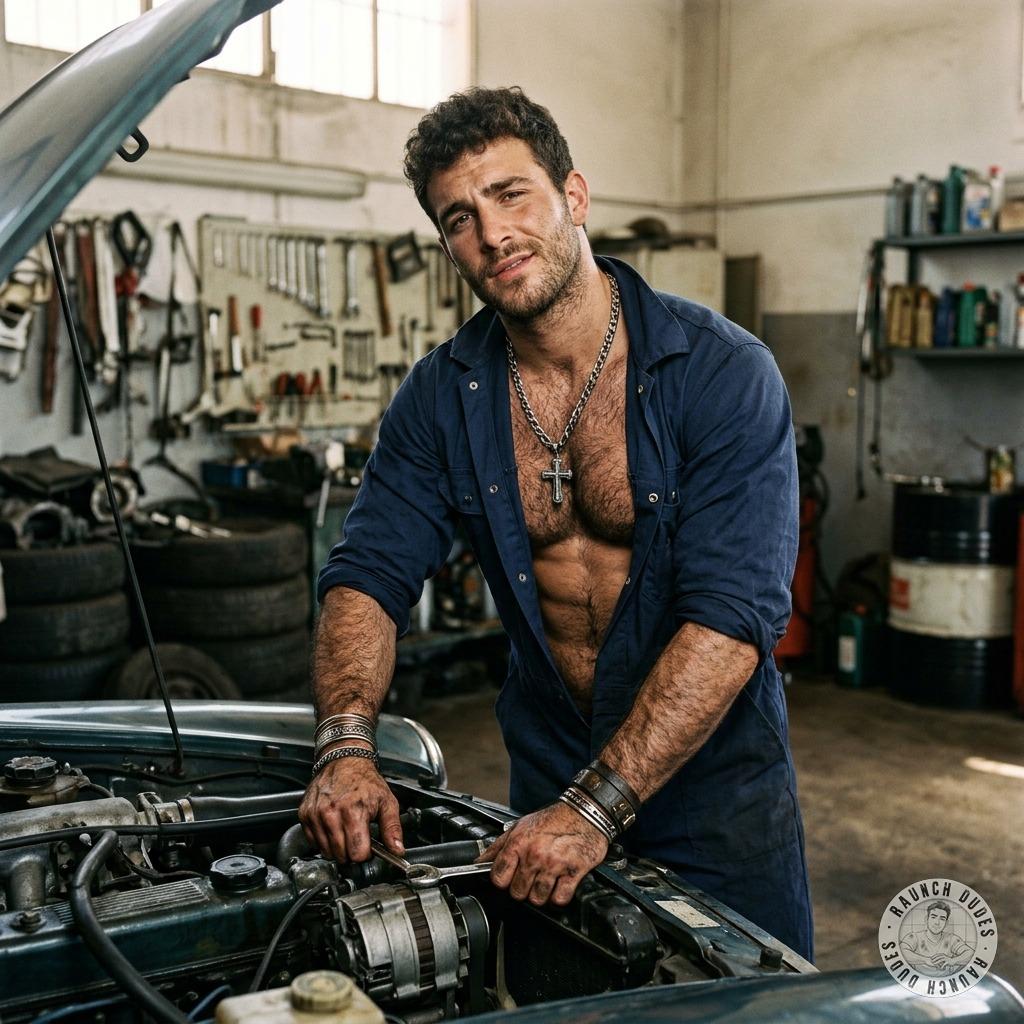 Fucking hot mechanic with that hairy chest, rough hands all over you, grunting like a beast while he fucks you raw 🔥...