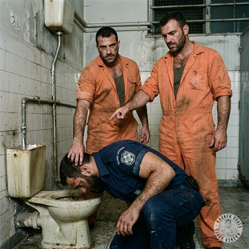Two prisoners make a cop lick the filthy toilet bowl until his tongue is raw 😈💦 #gayscat #degradation #dirtyprison #uniform