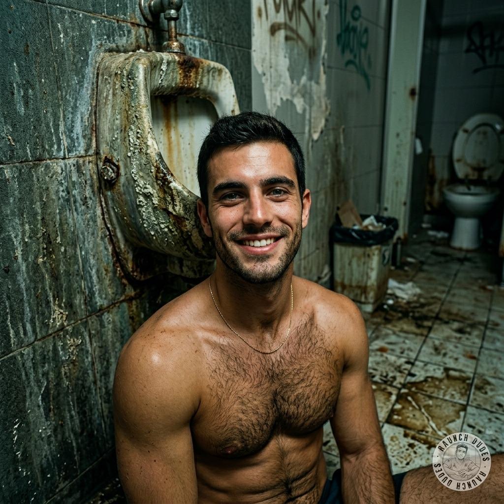 Dirty boy grinning on the filthy bathroom floor, ass dripping with filth, cock hard as fuck while he soaks in the grime....