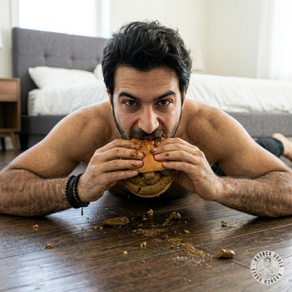 That hairy fucker's got a shit-soaked bun in his mouth, savoring every fucking bite like it's the last meal he'll ever...