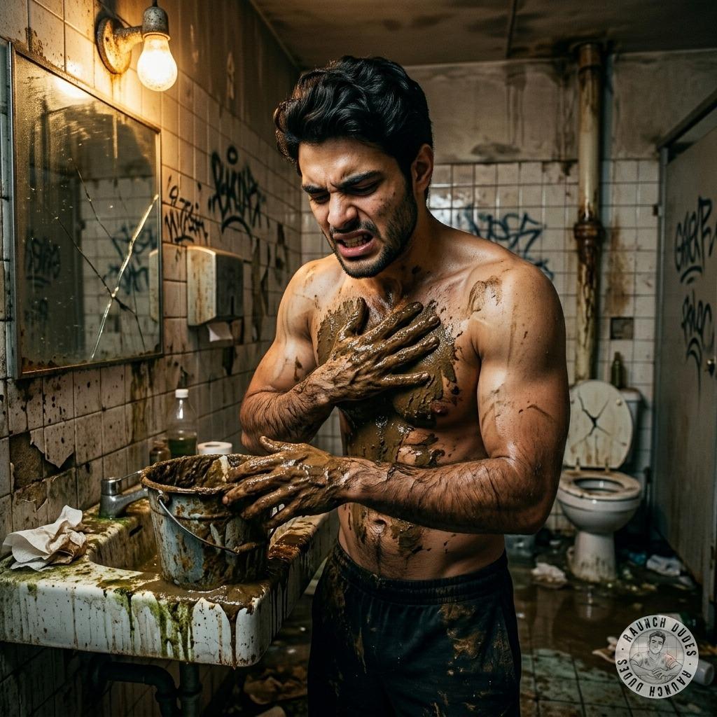 Ragazzo gets filthy, slathers shit all over his chest in some grimy bathroom 🤢💦 who knew filth could feel so fucking good?...
