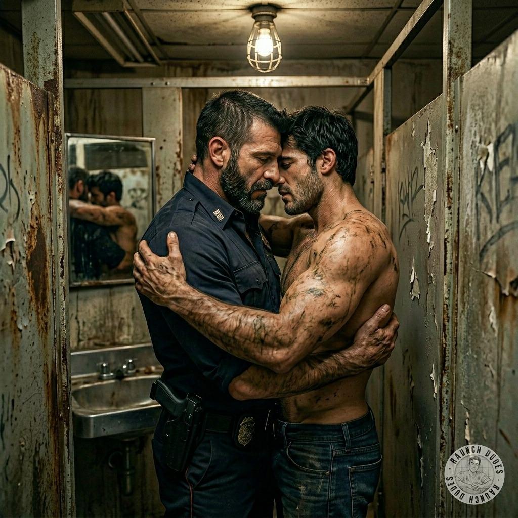 Fuck yeah, that muscular cop slamming that twink in the grimy bathroom, spit-slurping his neck while those big hands grip...