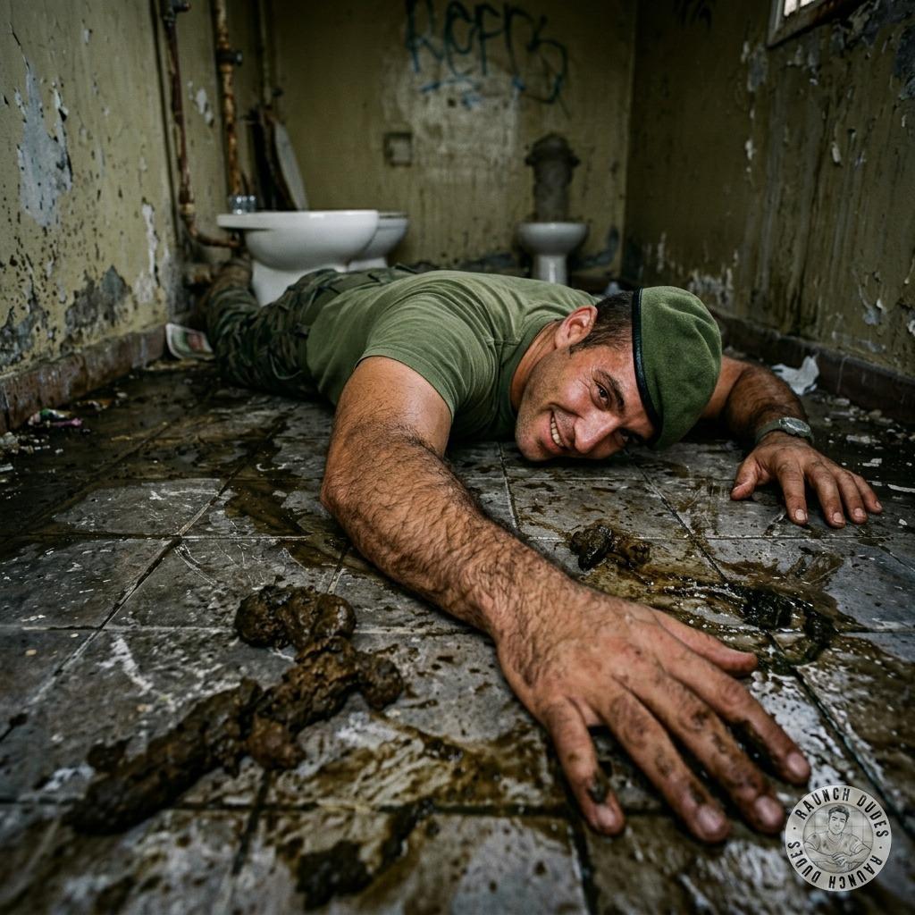 Military dude face-down in a shit-smeared floor, ass up for the taking 💩🔥 #gayscat #military #toilet #humiliation #hairy