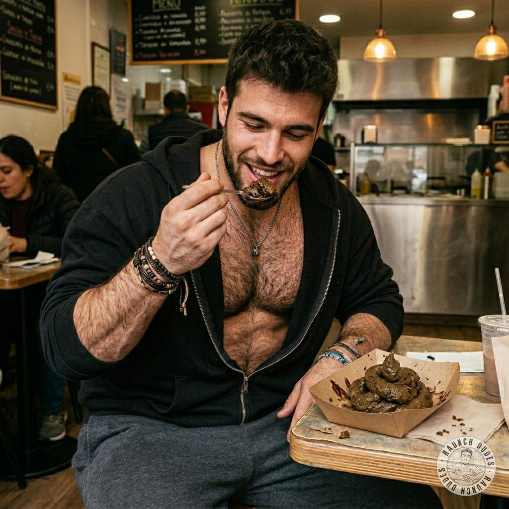 Fuck yeah, depraved bitch slurping shit right at the diner table, moaning as he stuffs his filthy mouth with warm, stinky...