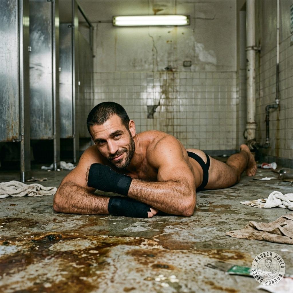 Fuck yeah, that filthy jockstrap-clad twink is spread wide on the grimy bathroom floor, ass dripping with need. Watch those...