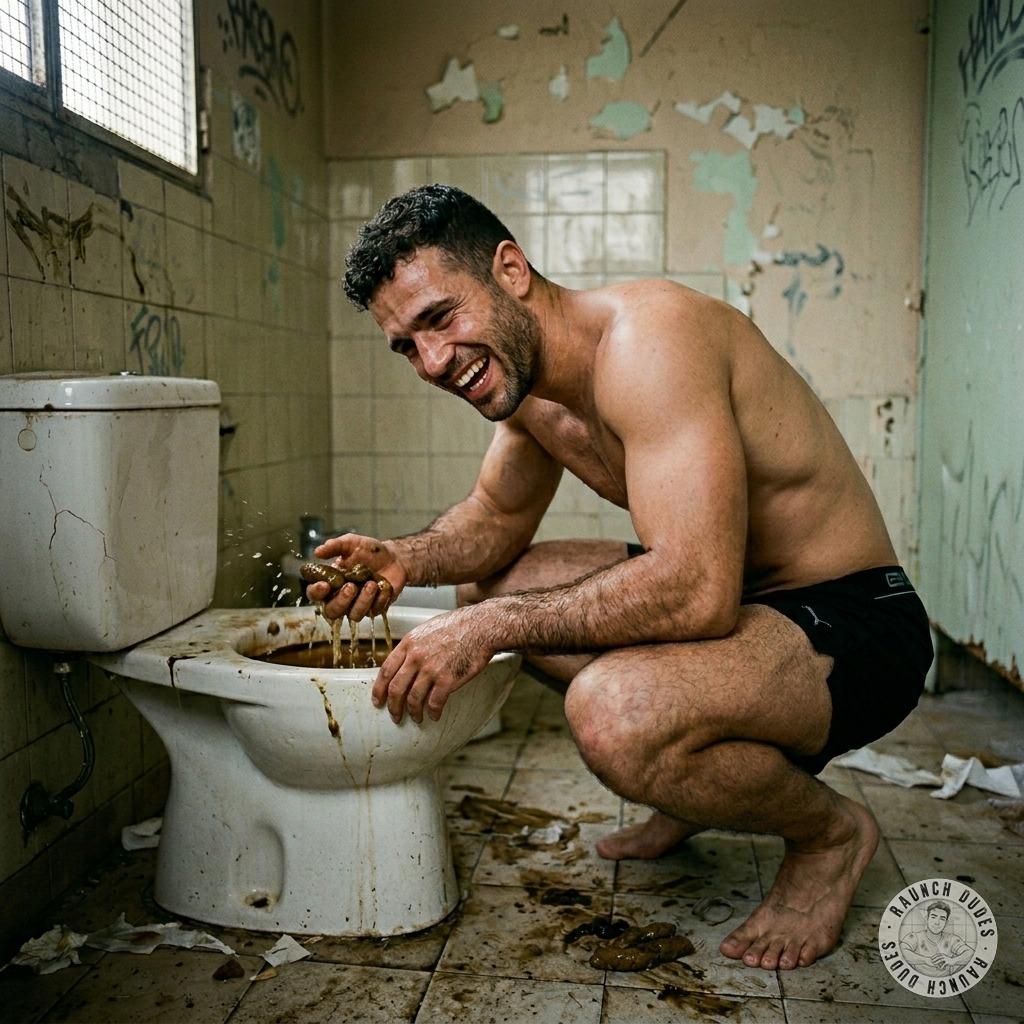 Fishing for shit in a filthy toilet, his hairy ass flexing as he digs in deep 💩🔥 #gayscat #filth #toilet #hairy #humiliation