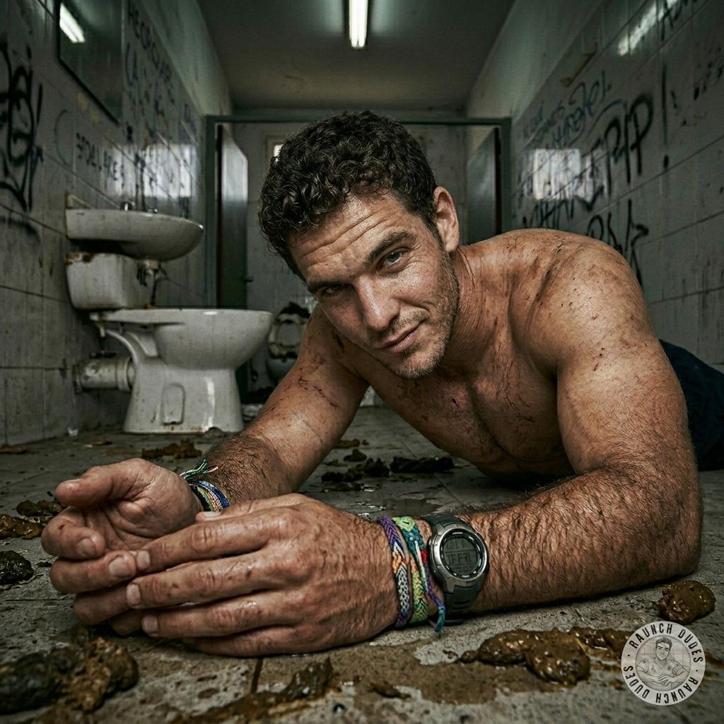 A depraved slut sprawled in a pile of shit, face down on the bathroom floor, ass dripping with filth. The stench of his own...