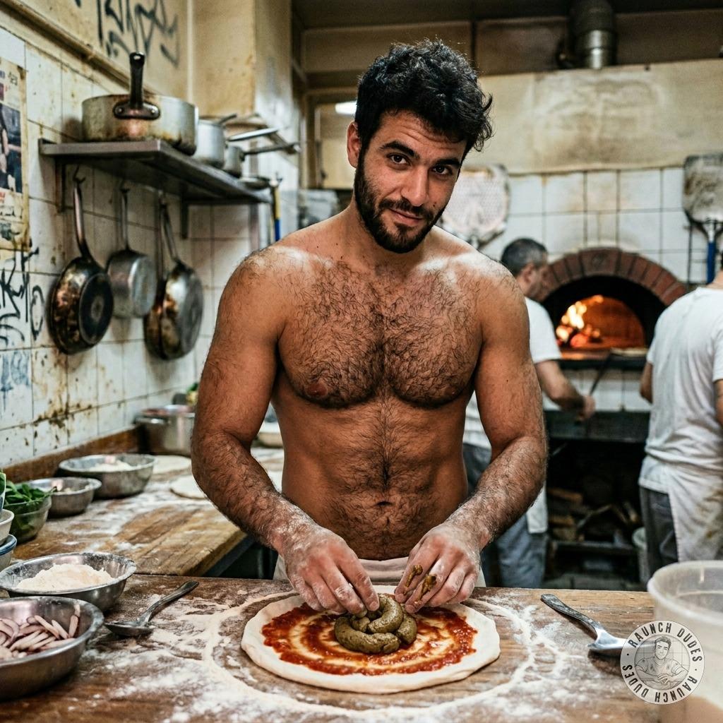 This hairy, depraved pizzaiolo stuffs his pizza with shit and you’re gonna love every filthy bite 🍕💩 #gayscat #chefs #hairy...