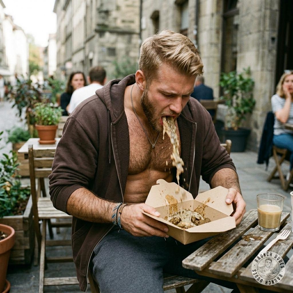 Fuck yeah, watching that tight ass puke into his lunch at the bar is pure filthy art 🤢🍽️🔥 #gaypuke #inpublic #bear #hairy
