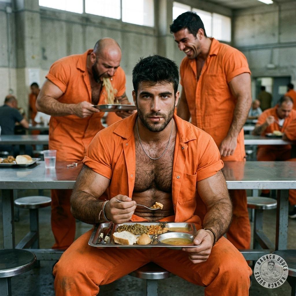 That hungry prisoner chows down while another pukes his guts out in the mess hall. #gaypuke #dirtyprison #uniform...