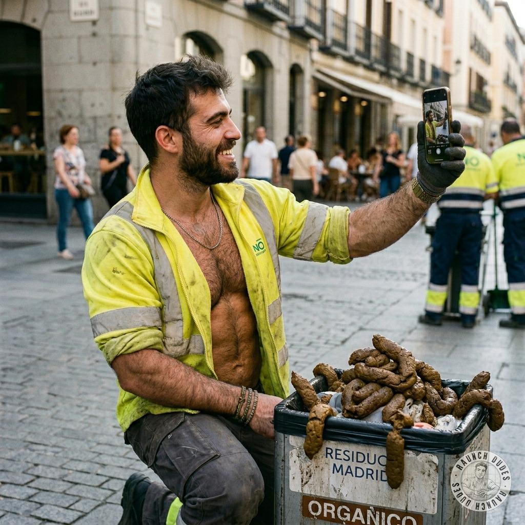 Street cleaner snaps selfie with a face full of cum-filled shit in a bin 😈💦 #gayscat #workers #selfie #street #inpublic