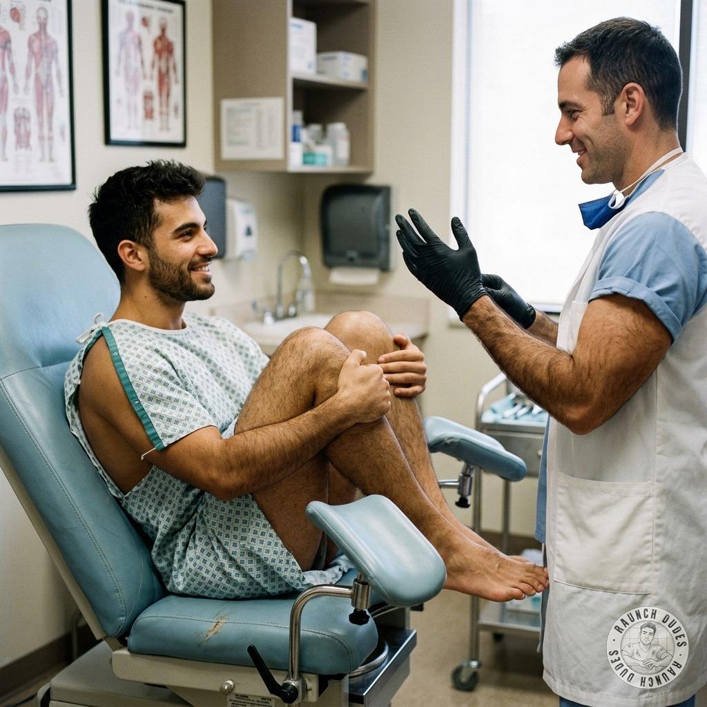 The doc’s got that cold lube on his gloves, fingers teasing your hole open—you’re gonna beg for that rubber-gloved fist up...