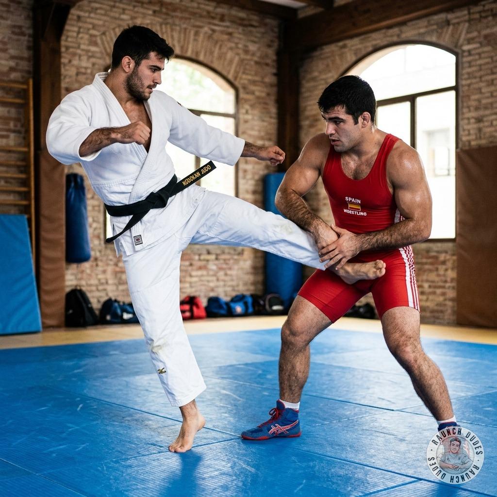 Judoka wrecks a twink in a tiny wrestling singlet with brutal ballbusting—his screams just make the pain feel so fucking...