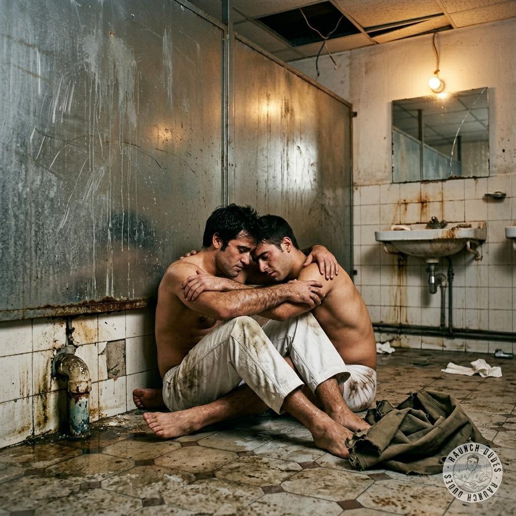 Two filthy boys pressed together in a grungy bathroom, their bodies slick with sweat and filth, their mouths hungry for...